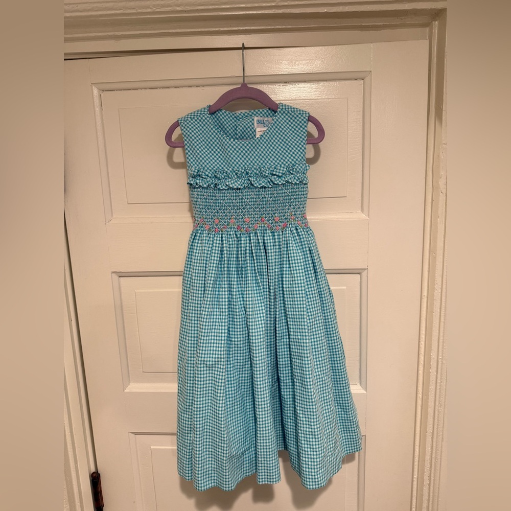 Blue Gingham Girls Smocked and Embroidered Dress, size 6